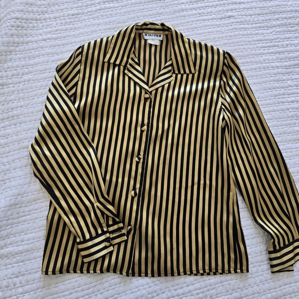 Vintage Joan Leslie Satin Stripe Button Front Blouse Black Gold Luxe Chic Size 6 - Picture 2 of 8